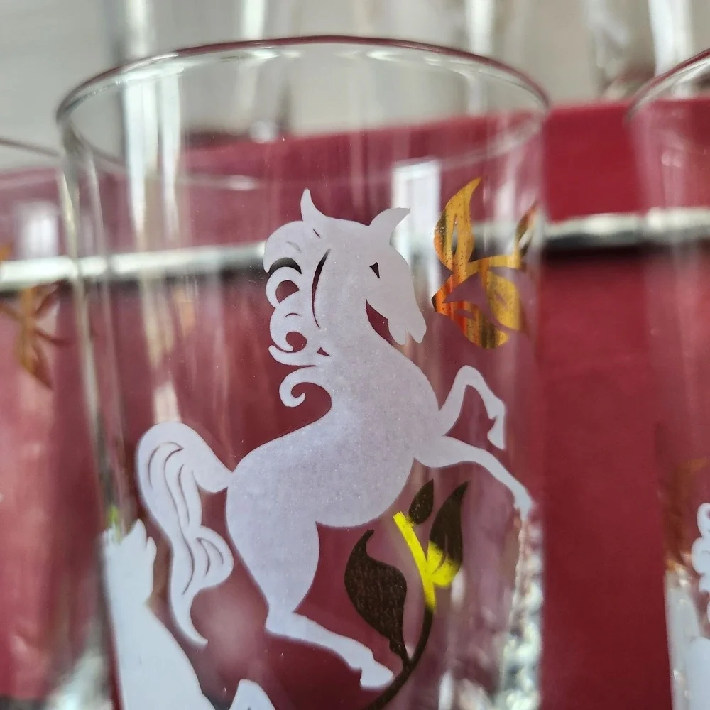 Vintage MCM Libbey Prancing Colts Frosted Highball Glass Set of 8 Barware Gold